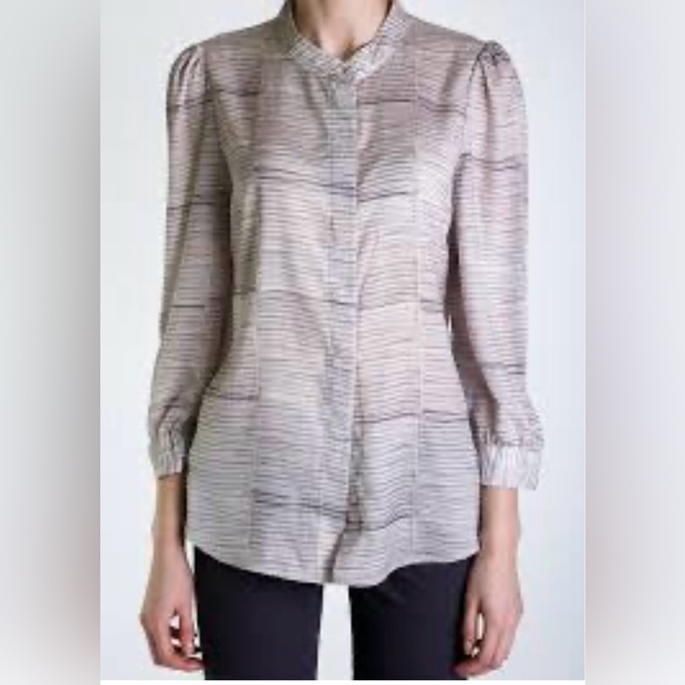 See by Chloe Striped Neutral Three Quarter Button Down Top Size 6